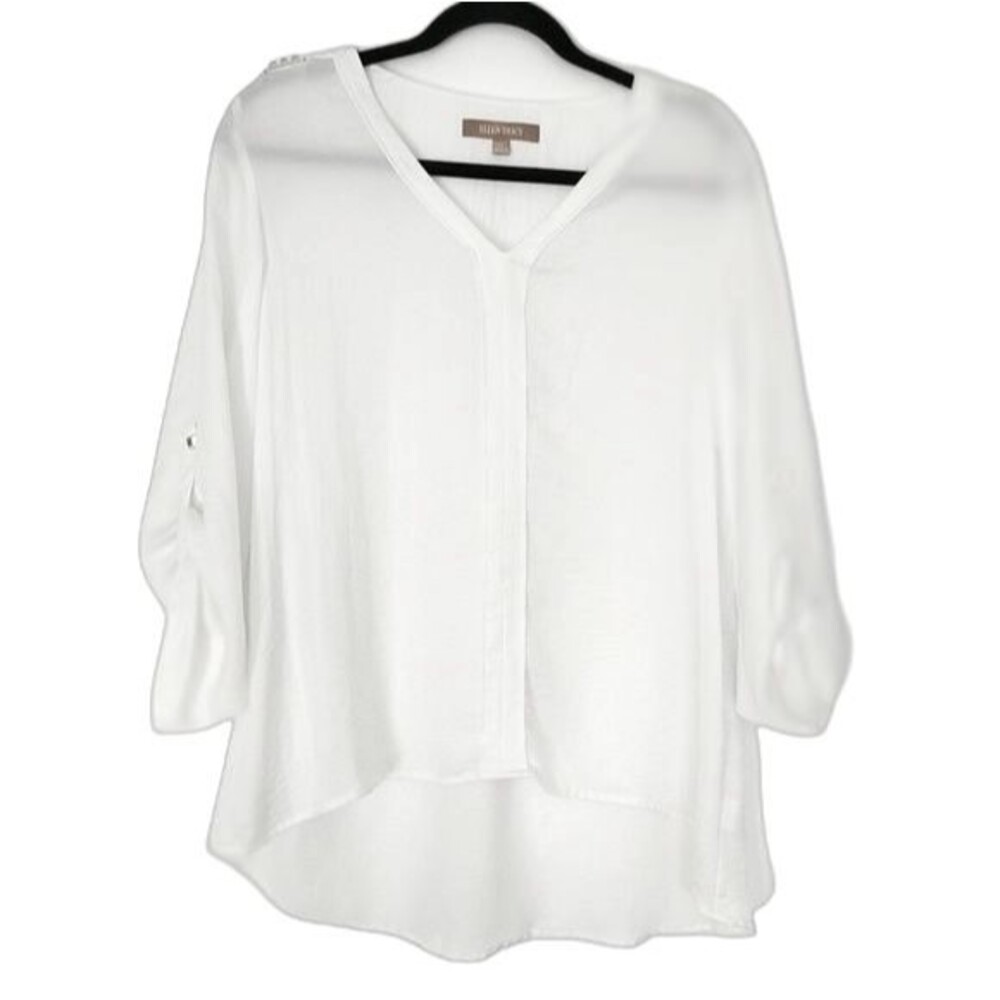 ELLEN TRACY Sheer White Long Sleeve V-Neck Blouse Gold Accents Loose size S